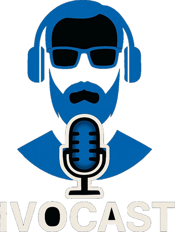 Marca do podcast IVOCAST — locutor de fones e microfone em azul